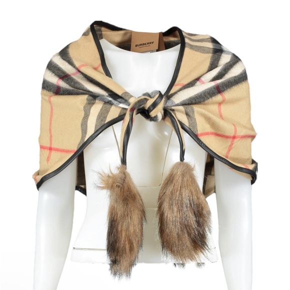 New Burberry Tan and Red Scarf with Luxurious Fur Detail - Picture 1 of 5